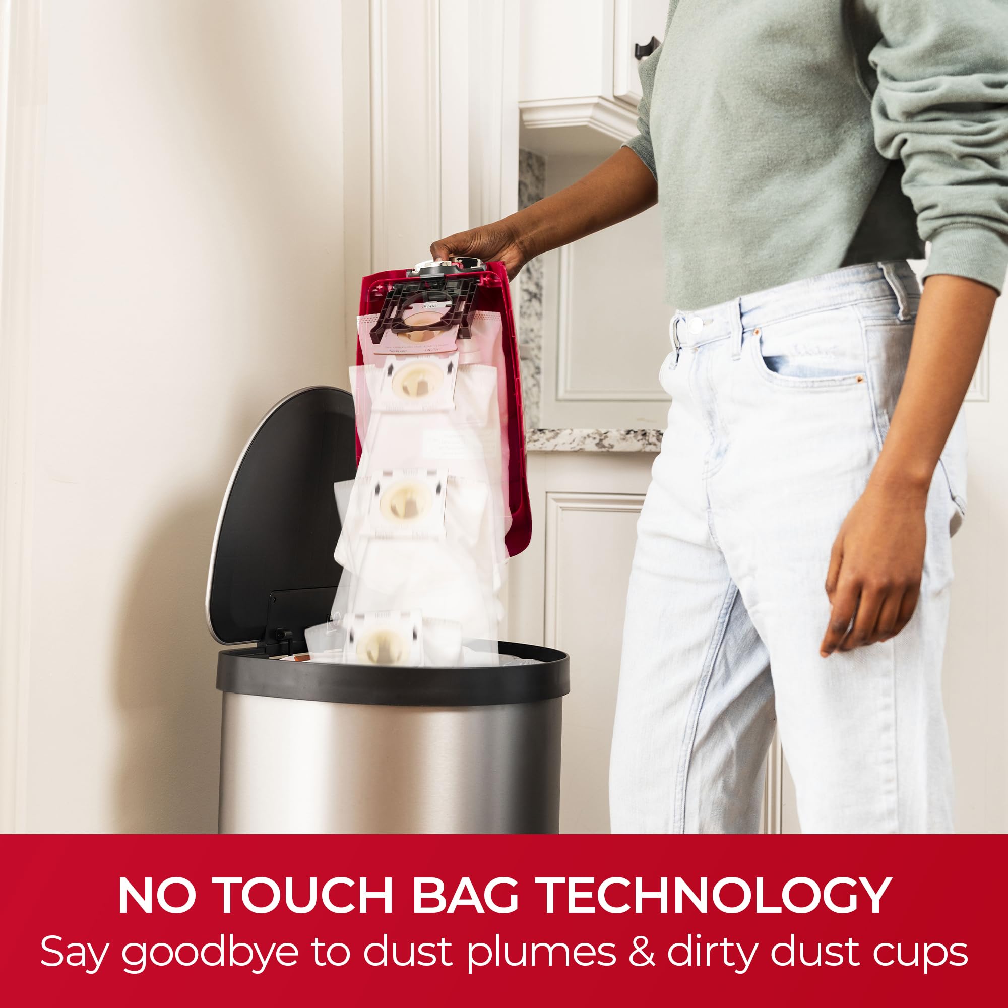 Kenmore Intuition BU4020 no-touch bag demonstrates hands-free disposal for mess-free maintenance