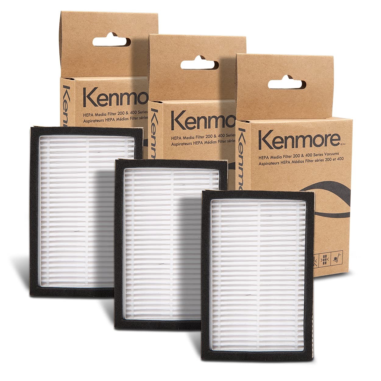 Kenmore K3040 packaging image shows three-pack filters for easy replacement and ongoing cleanliness.