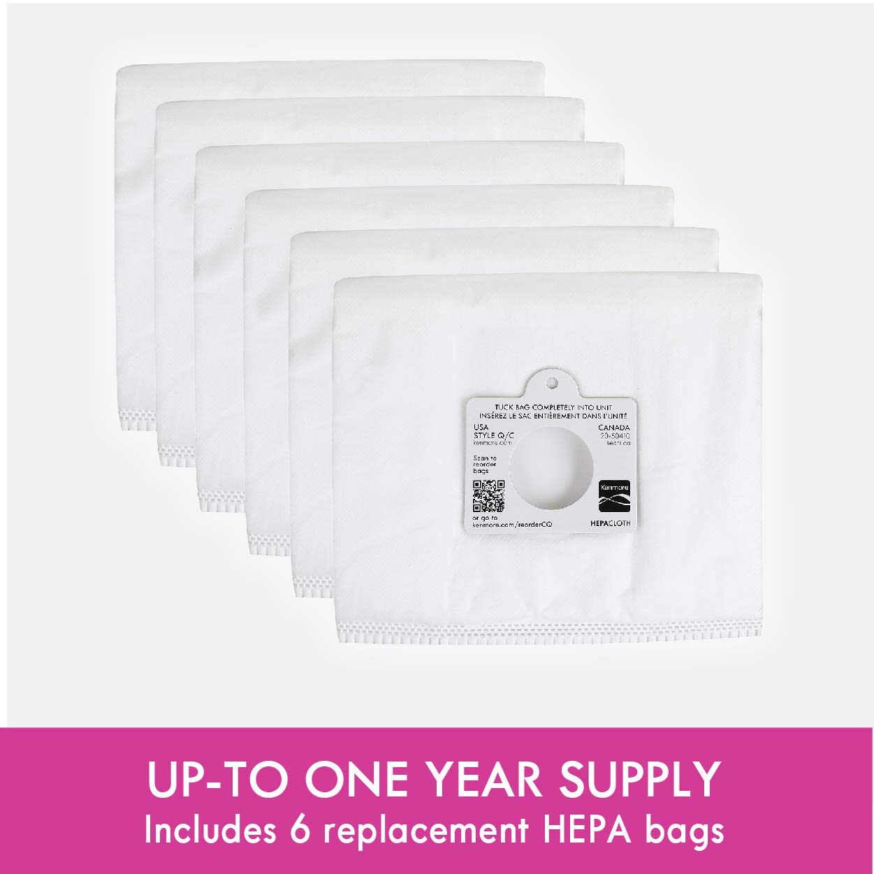 Kenmore six-pack of replacement bags ready for regular cleaning tasks.