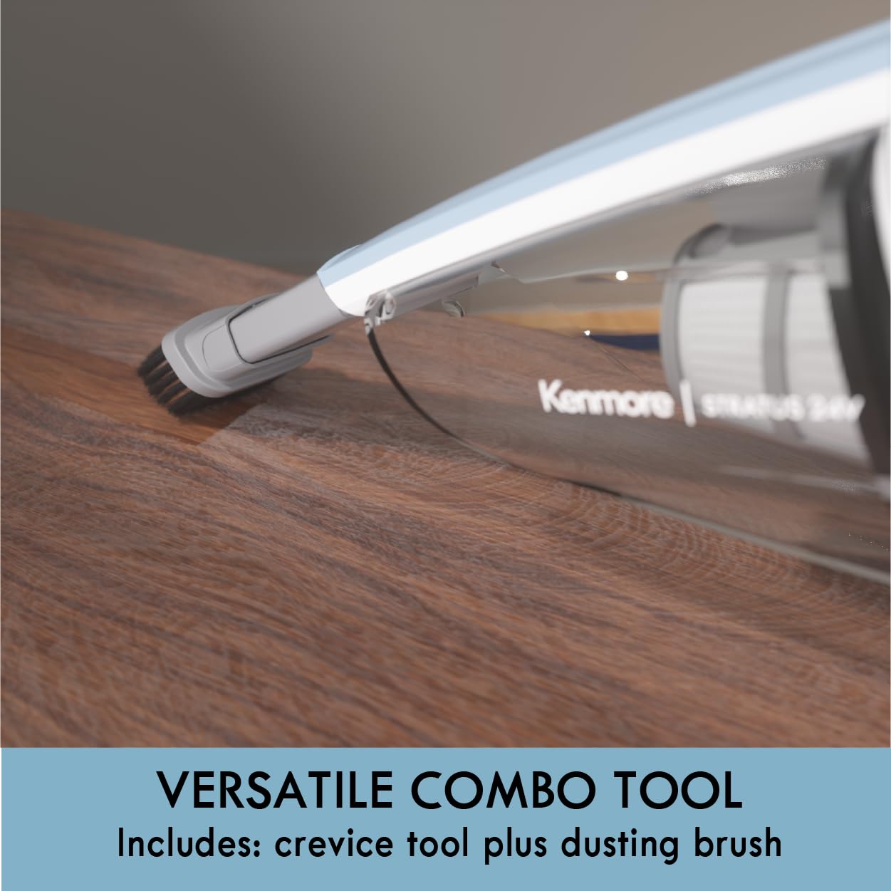 Kenmore Stratus bagless, self-standing design stores neatly and charges easily.