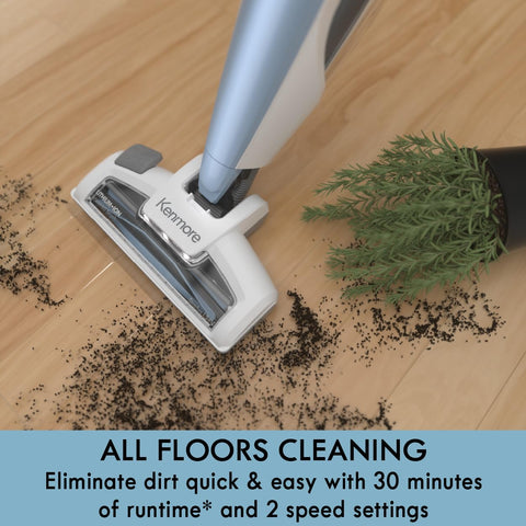 Kenmore Stratus LED headlight brightens dark corners for thorough cleaning.