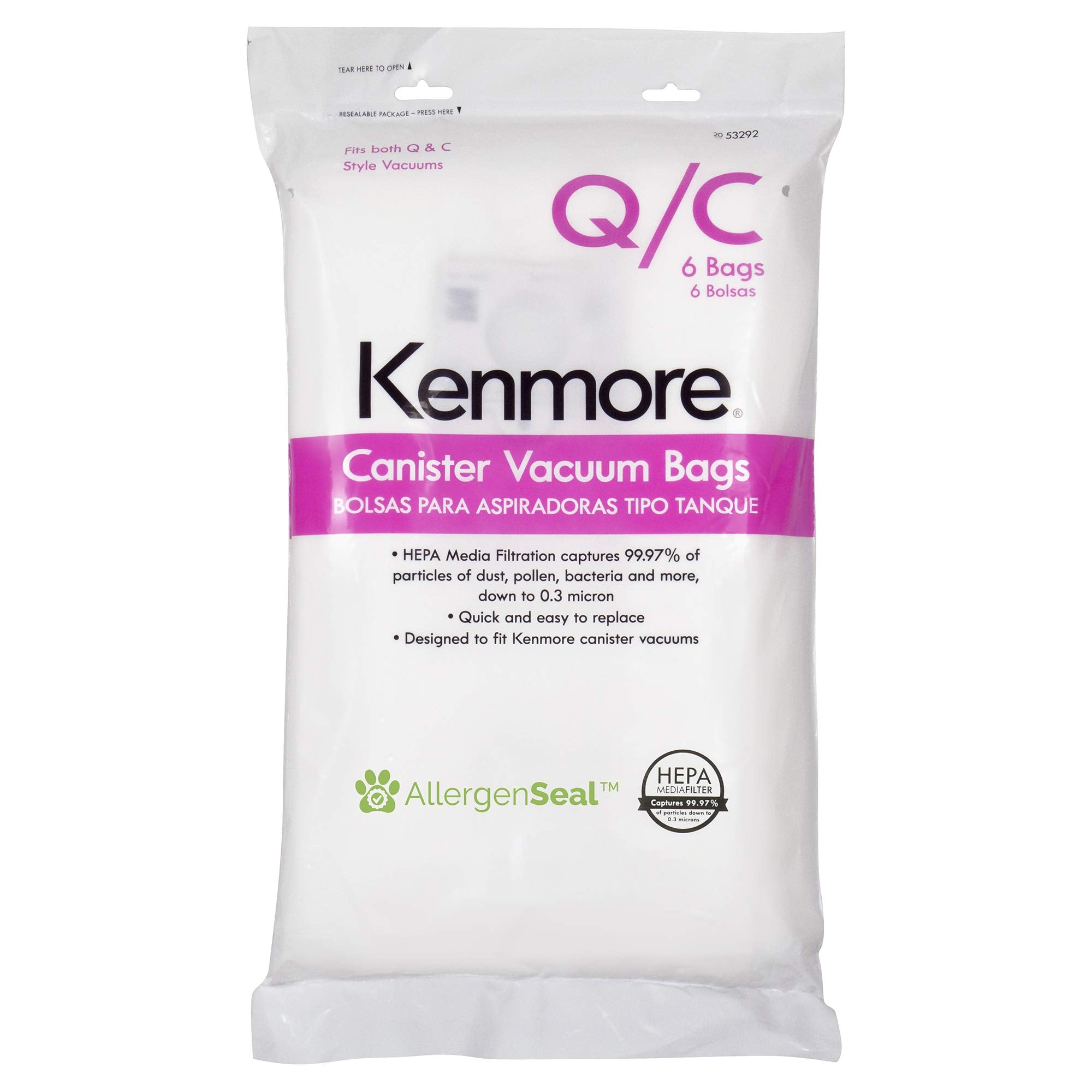 Kenmore Type Q HEPA dust bag for canister vacuums, ready for improved filtration.