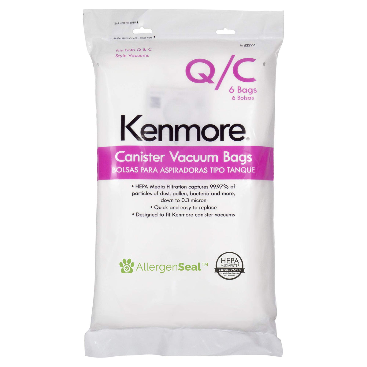 Kenmore Type Q HEPA dust bag for canister vacuums, ready for improved filtration.