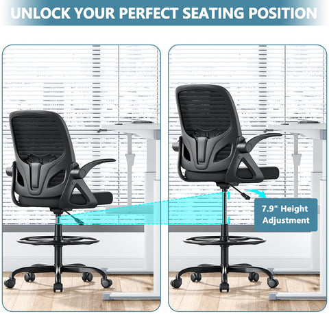 Kensaker drafting chair flip-up armrests save space under desk