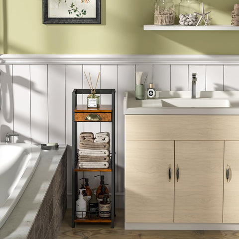 Keomaisyto bathroom shelf close-up, rustic MDF surface highlights durable design.