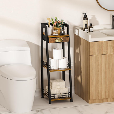 Keomaisyto narrow shelf, side view, sturdy black frame supports daily essentials.