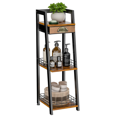 Keomaisyto shelf in bathroom corner demonstrates space-saving design.