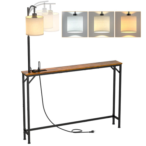 Keomaisyto skinny console table with outlet on the left keeps devices charging within reach.