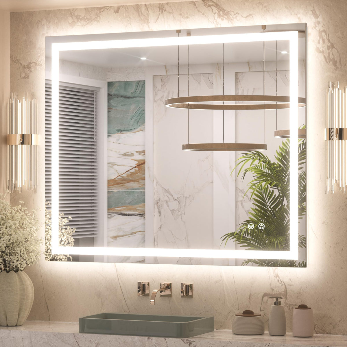 Keonjinn bathroom mirror frontlit-backlit panels provide balanced, energy-saving illumination.