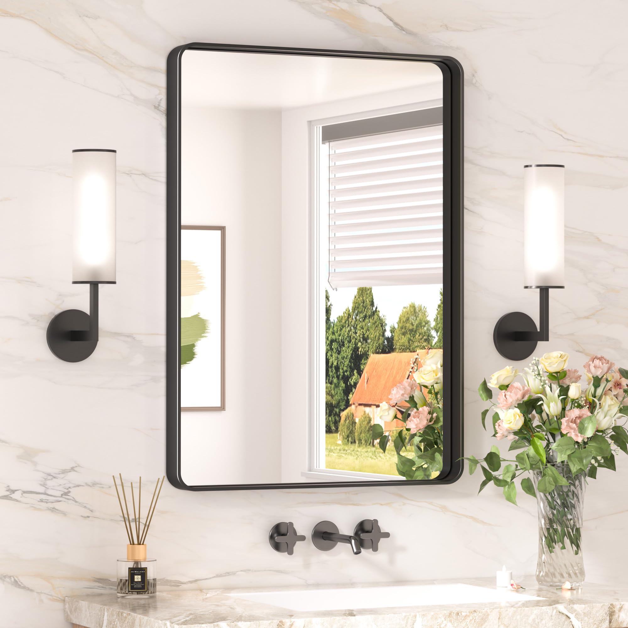 Keonjinn black bathroom mirror with 20x30 rounded frame for a modern over-sink look.