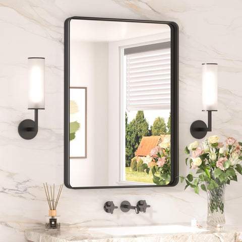 Keonjinn black bathroom mirror with 20x30 rounded frame for a modern over-sink look.