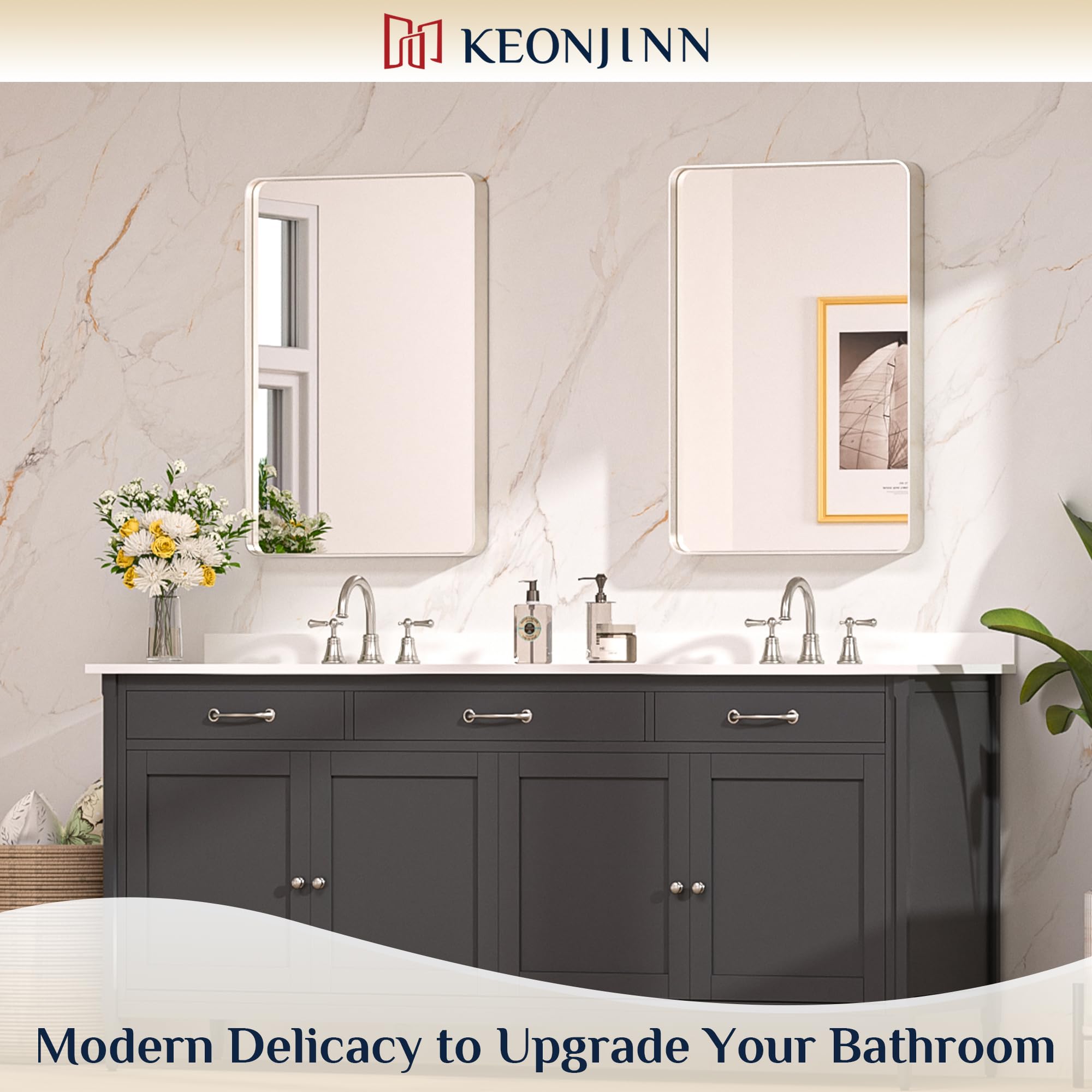 Keonjinn brushed nickel finish mirror with sleek texture