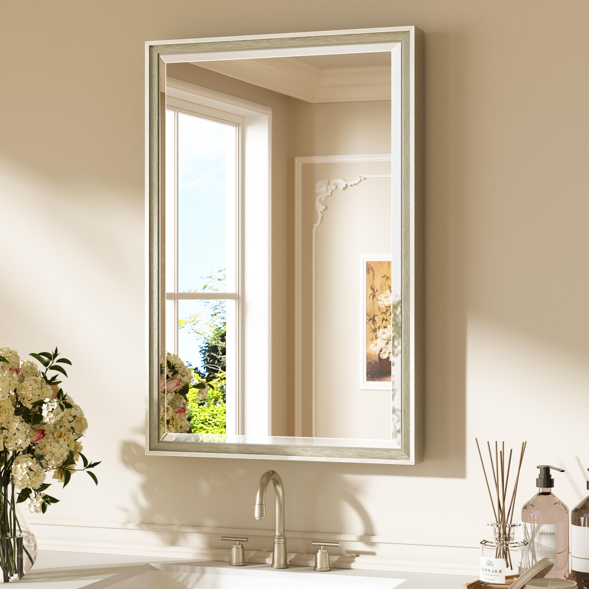 Keonjinn brushed nickel mirror over sink with 20x30 frame for a clear vanity reflection