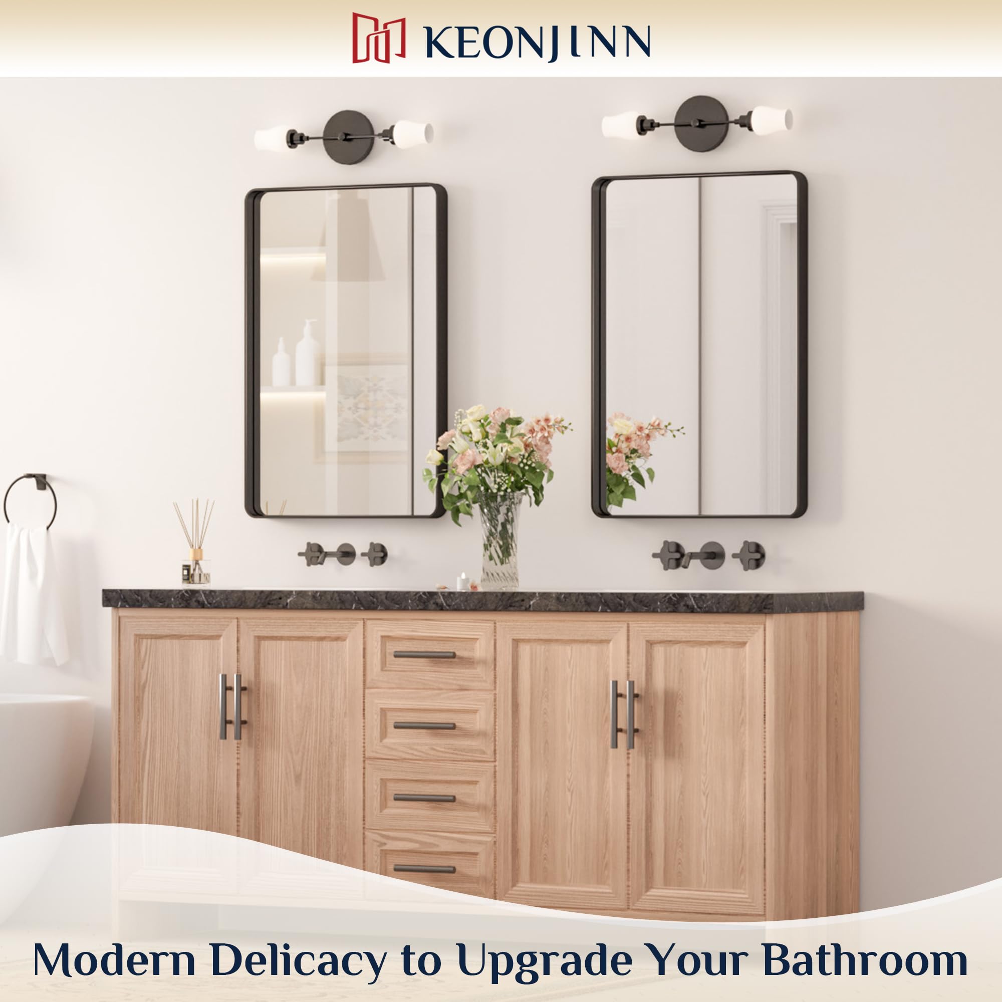Keonjinn rounded metal frame matte black sandblasted finish for durable, stylish bathroom decor.