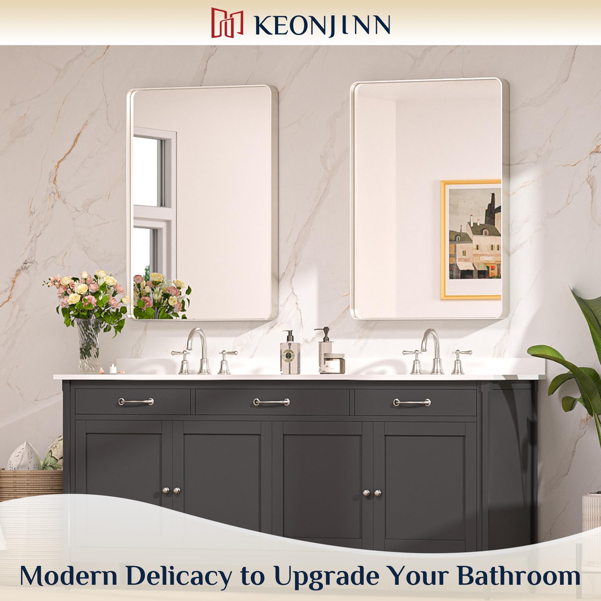 Keonjinn rounded metal frame mirror emphasizes modern style in any bathroom.