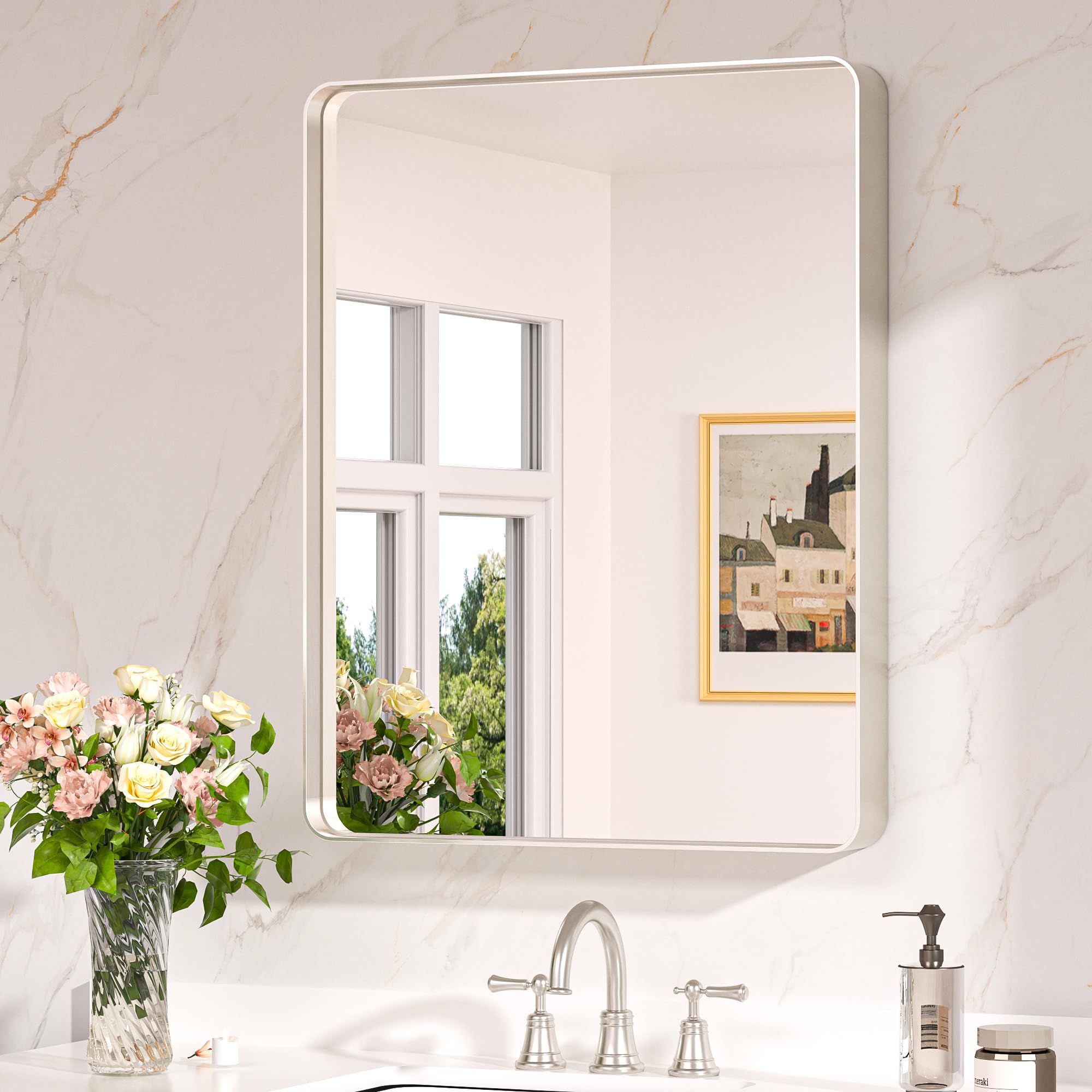 Keonjinn rounded rectangle mirror with brushed nickel finish for timeless bathroom style