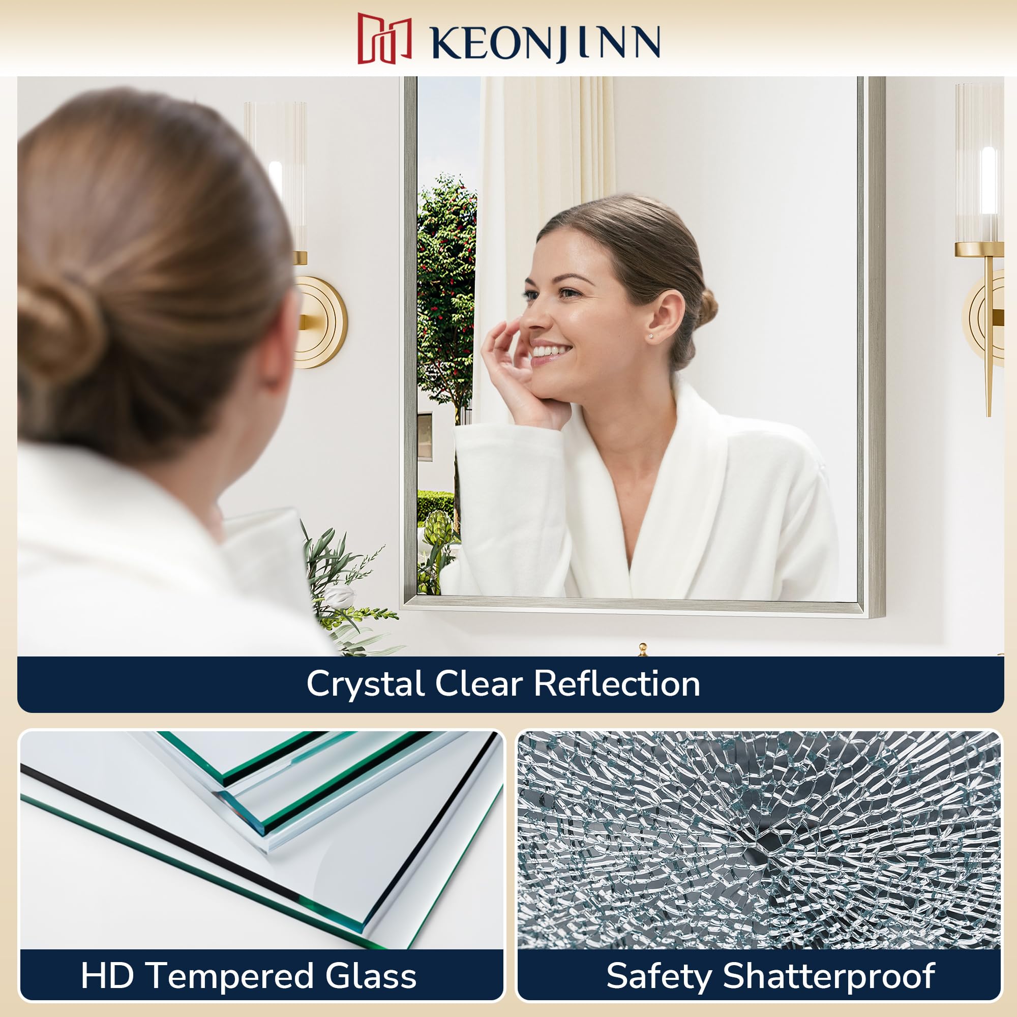 Keonjinn tempered glass bathroom mirror delivers clear reflections with shatter safety.