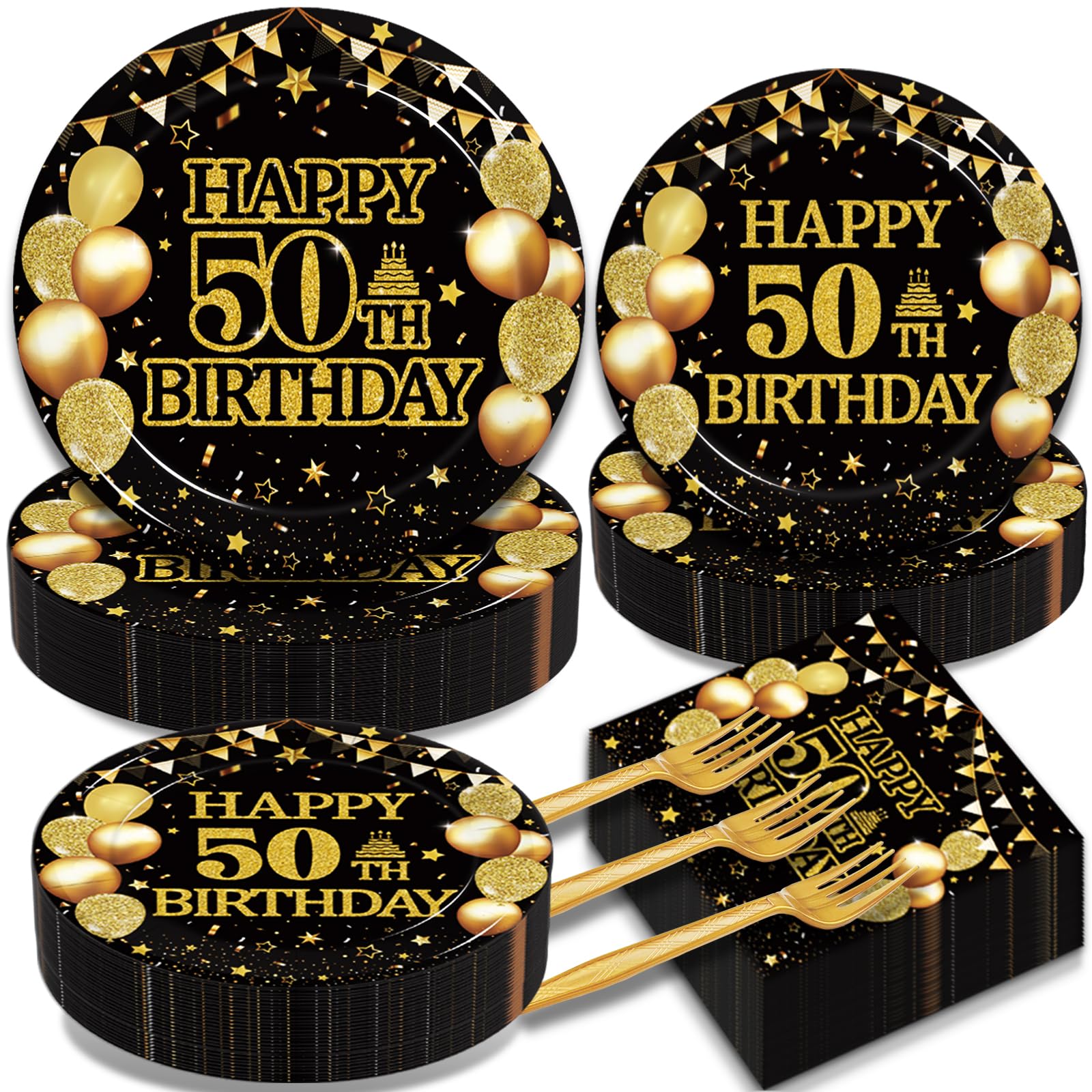 Kepeel 50th birthday dinner plates with black gold design for an elegant table setting.