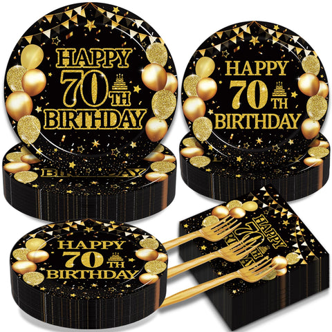 Kepeel 70th birthday dinner plates (9-inch) in black and gold, ideal for elegant, easy cleanup.