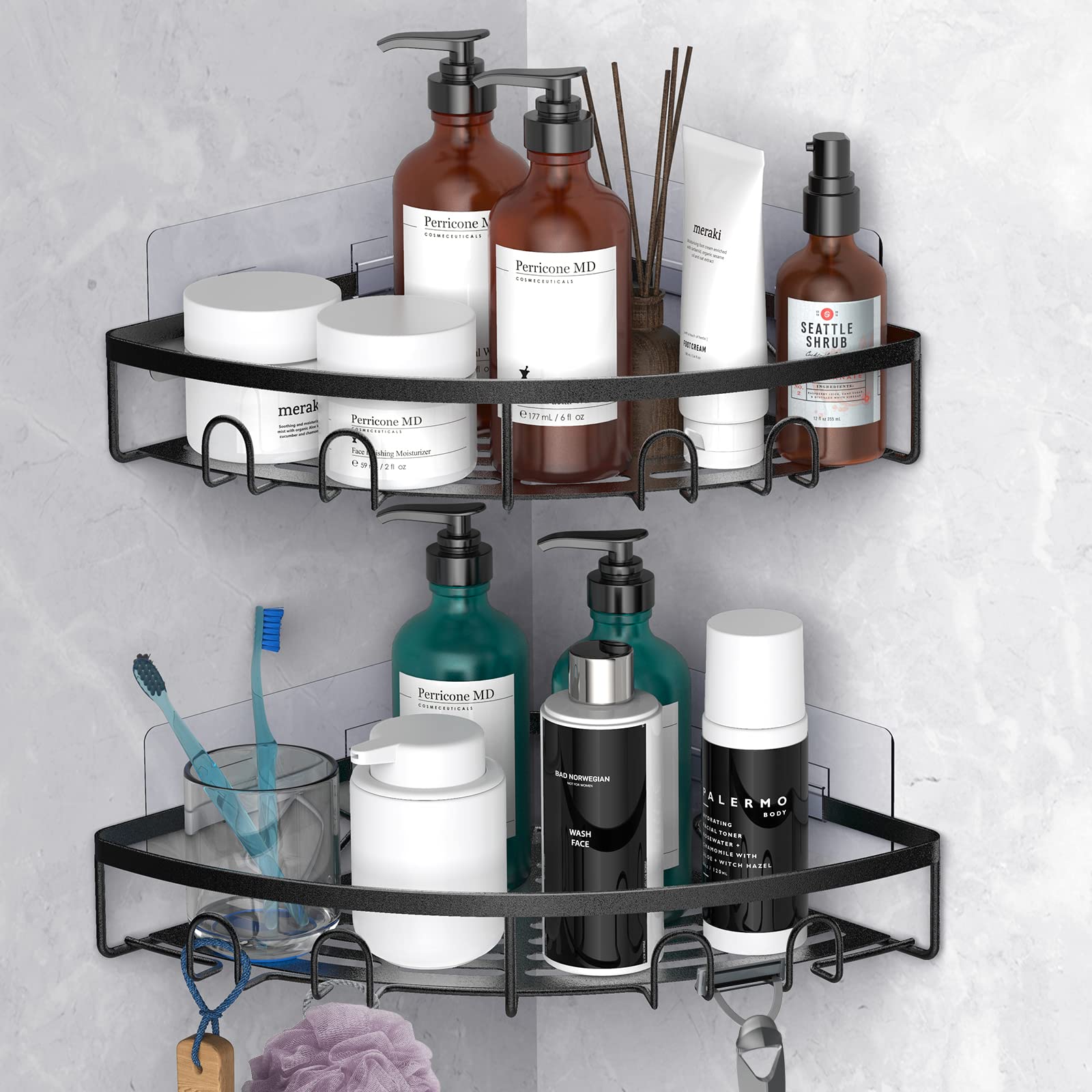 Kerisgo corner shower caddy 2-pack mounted with adhesive keeps bottles neatly organized.