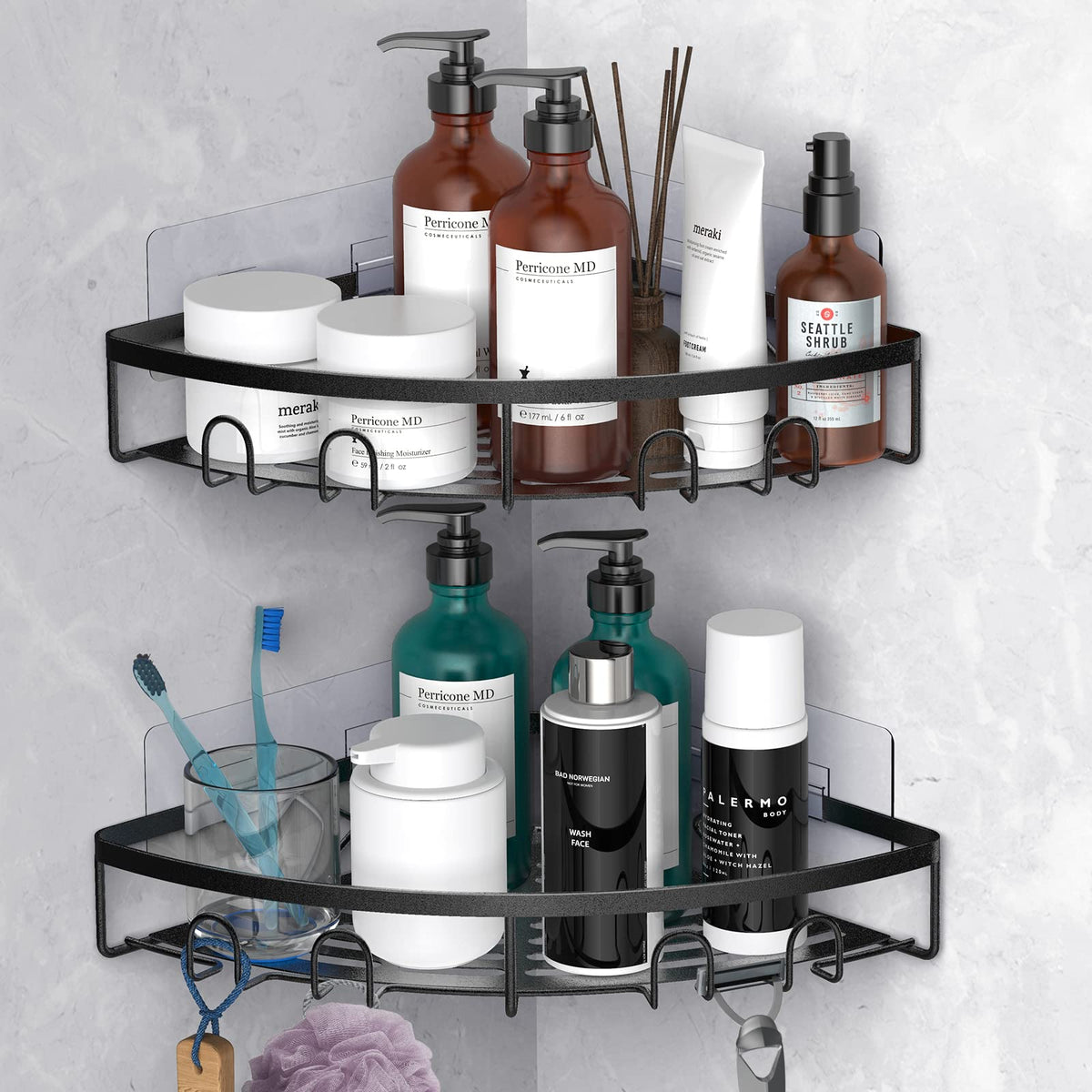 Kerisgo corner shower caddy 2-pack mounted with adhesive keeps bottles neatly organized.