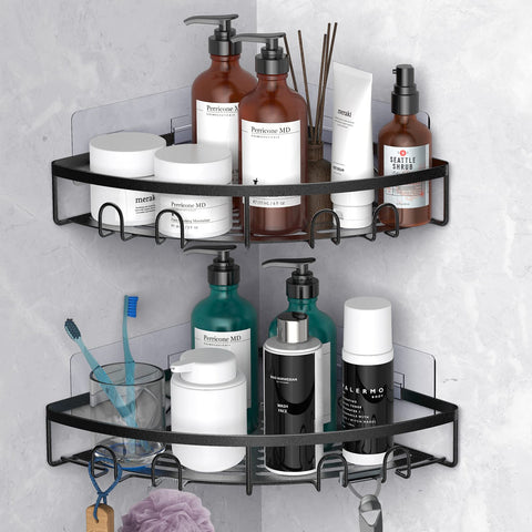 Kerisgo corner shower caddy 2-pack mounted with adhesive keeps bottles neatly organized.