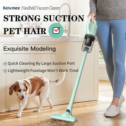 KEROMEE cordless vacuum 8000Pa suction captures hair and dust on surfaces.