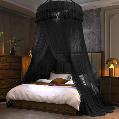 Kertnic princess mosquito-net bed canopy in pink creates a whimsical sleep space.