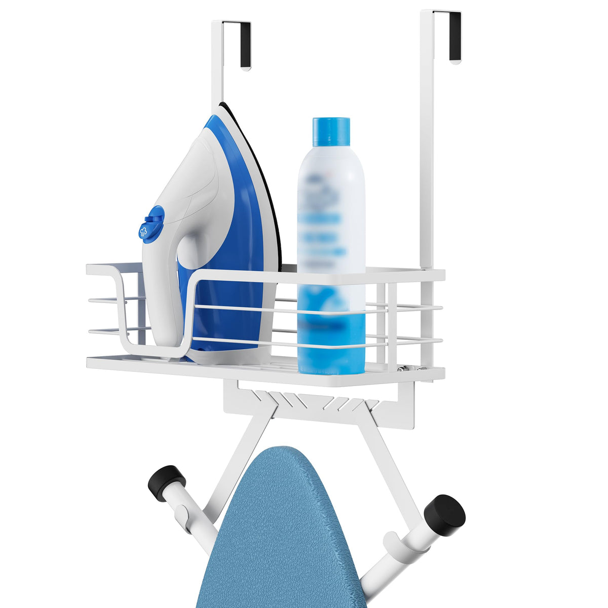 KES over-the-door ironing board holder front view in white showing sturdy finish and accessibility