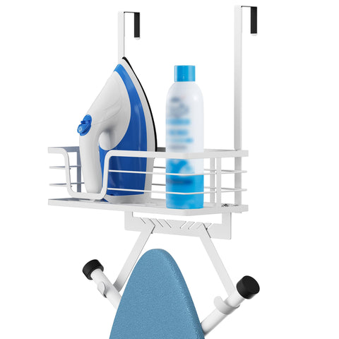 KES over-the-door ironing board holder front view in white showing sturdy finish and accessibility