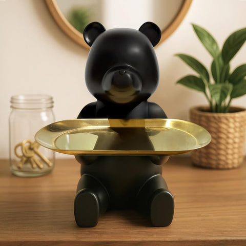Keyper Bear entryway decor on bookshelf enhances organization