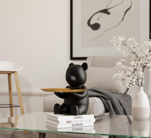 Keyper Bear matte black figurine with gold tray adds minimalist charm