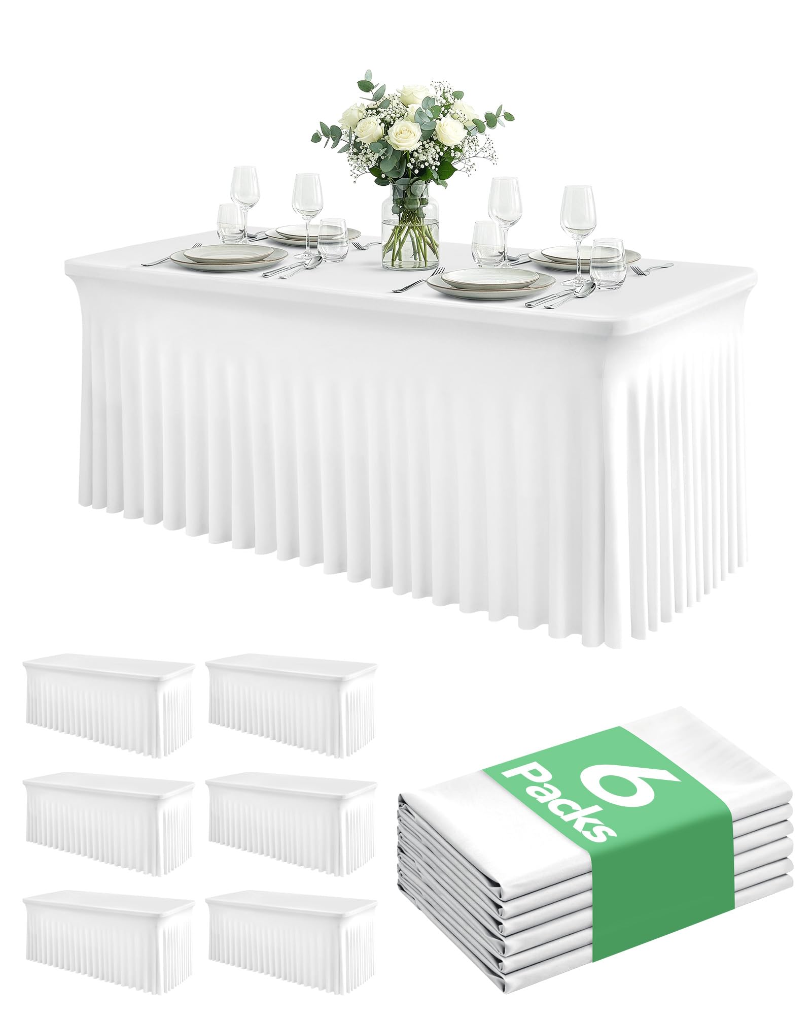 KeyWave 6-pack spandex table cover skirt with 72in white coverage for banquet tables.