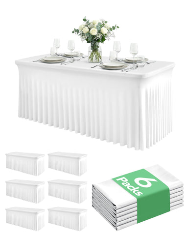 KeyWave 6-pack spandex table cover skirt with 72in white coverage for banquet tables.
