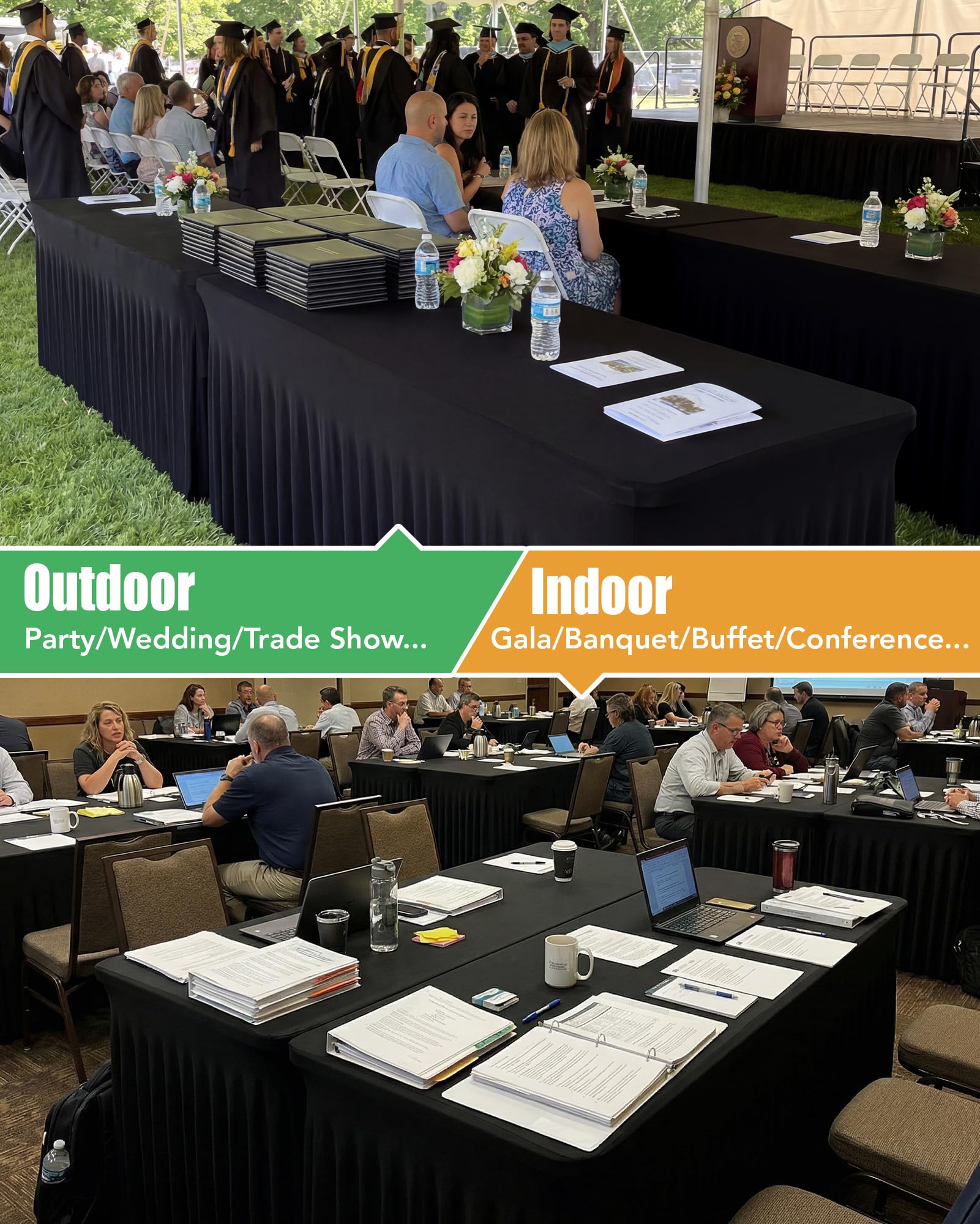 Banquet hall setup with KeyWave table skirts creating cohesive decor