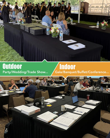 Banquet hall setup with KeyWave table skirts creating cohesive decor