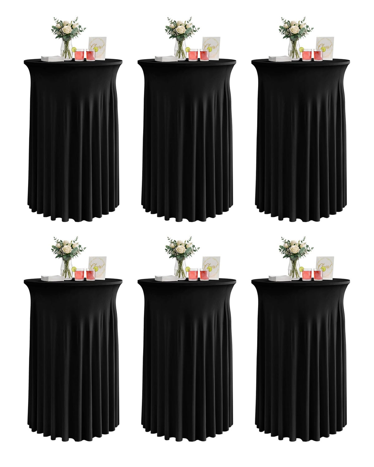 KeyWave cocktail table skirt on a black highboy for a sleek event look.