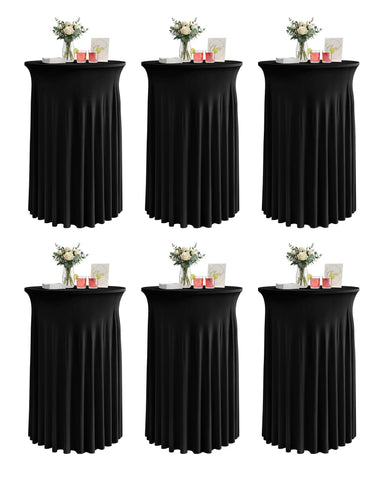 KeyWave cocktail table skirt on a black highboy for a sleek event look.