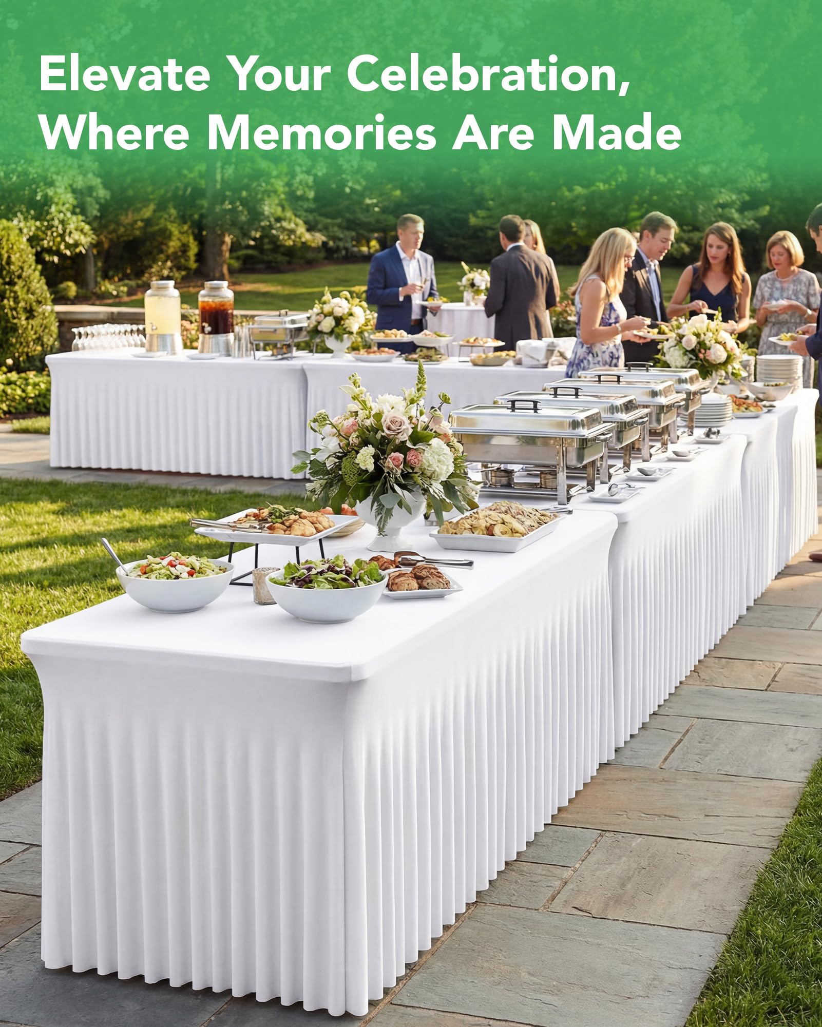 KeyWave floor-length white table skirt adds a polished, professional look to 6ft tables.