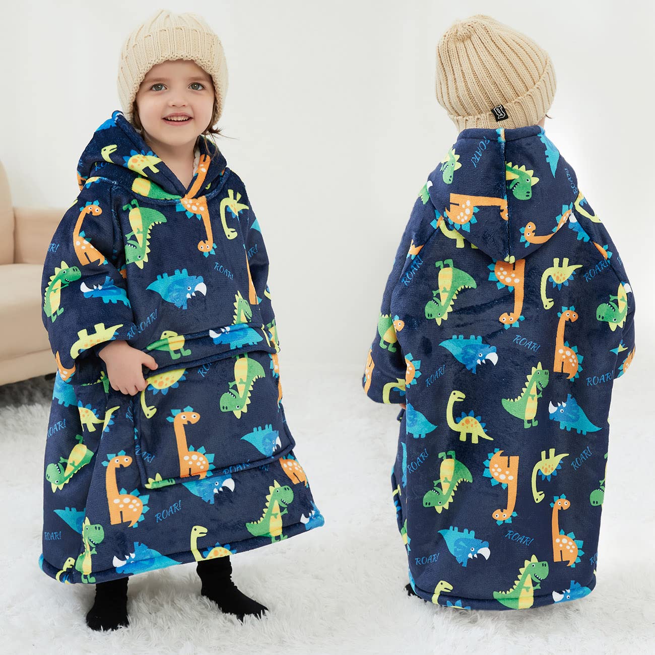KFUBUO dinosaur hoodie with deep pockets for little treasures.