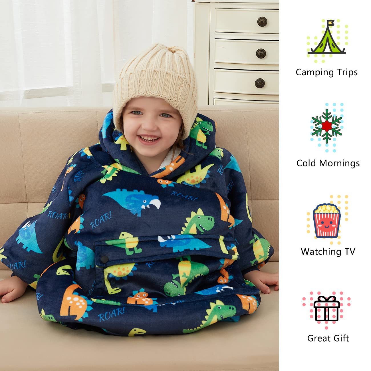 KFUBUO dinosaur hooded blanket sweatshirt features plush sherpa lining.