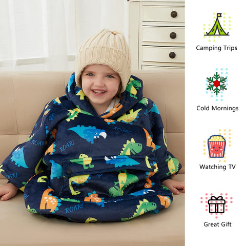 KFUBUO dinosaur hooded blanket sweatshirt features plush sherpa lining.