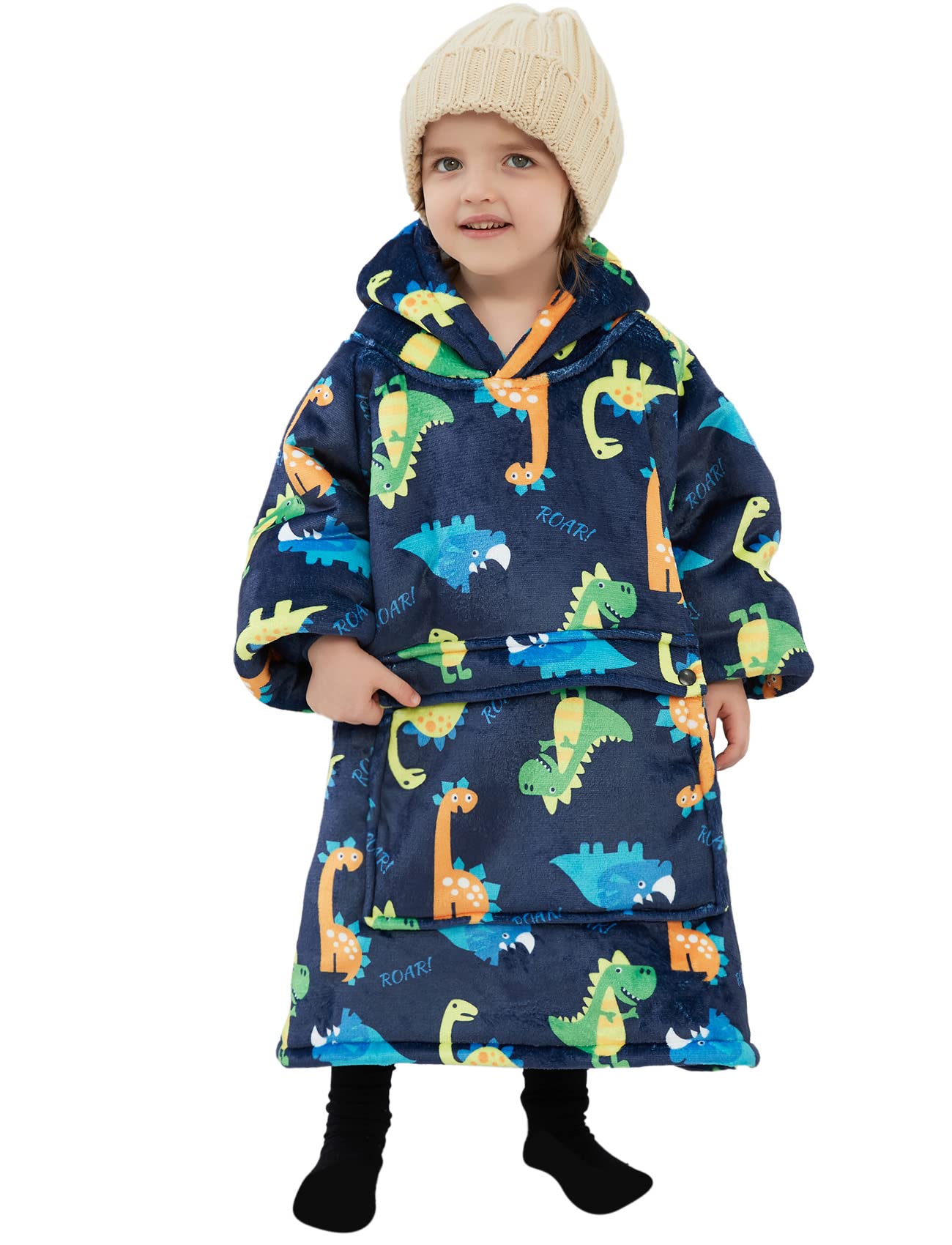 KFUBUO dinosaur wearable blanket hoodie for kids with a cozy large hood.
