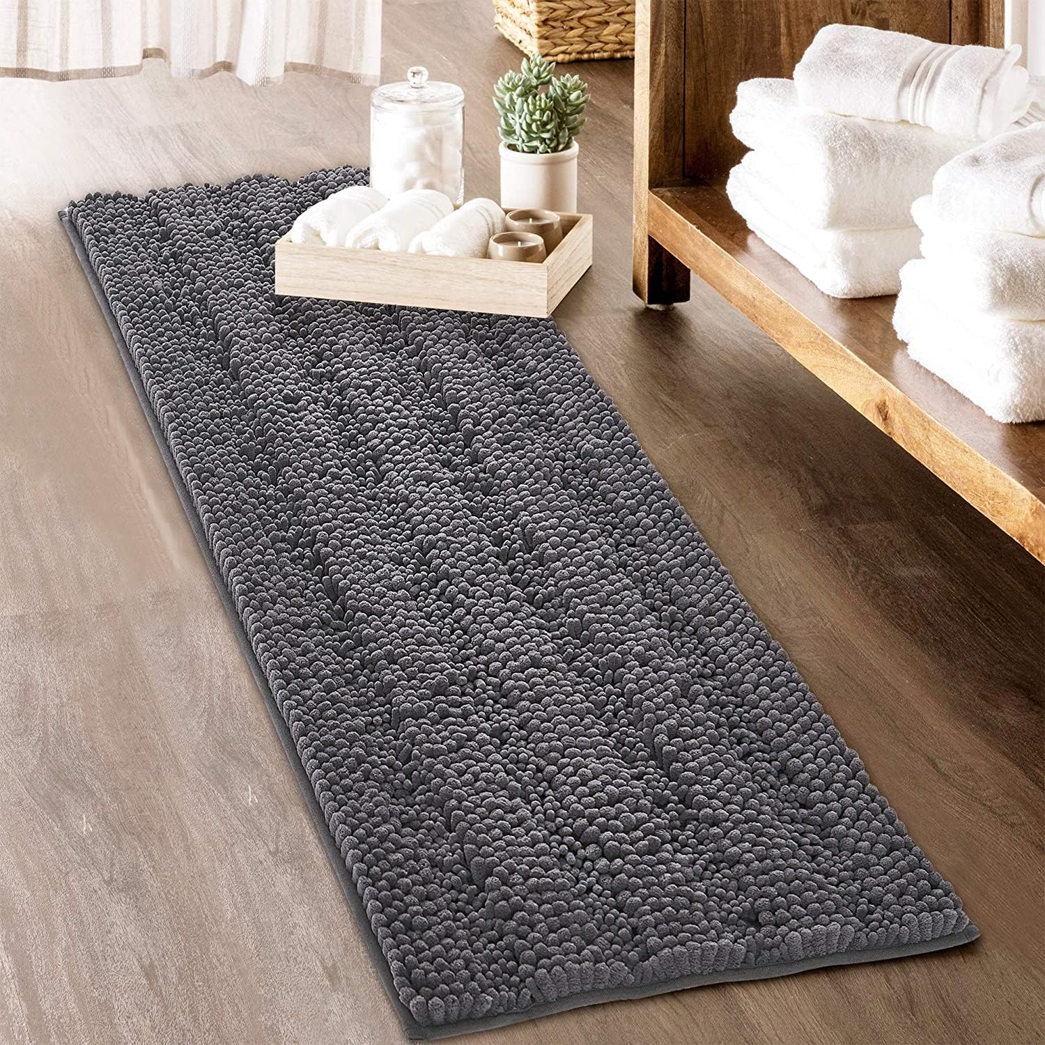KGORGE grey bath rug 60x24, absorbent microfiber for quick water pickup.