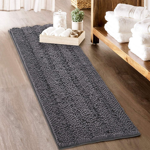KGORGE grey bath rug 60x24, absorbent microfiber for quick water pickup.