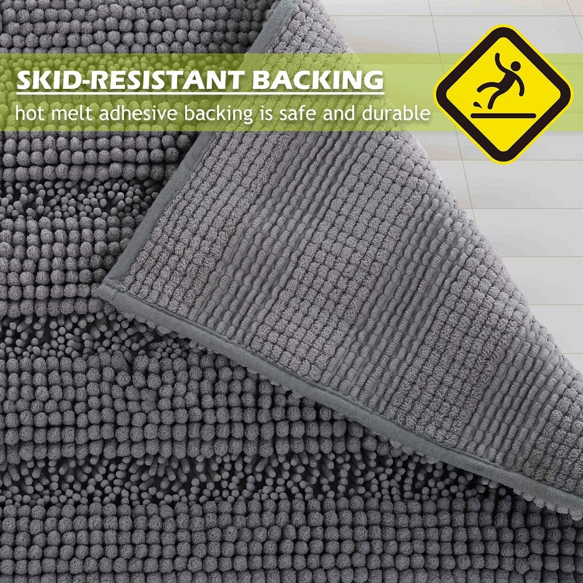 KGORGE grey bath rug non-slip bottom helps prevent slips.