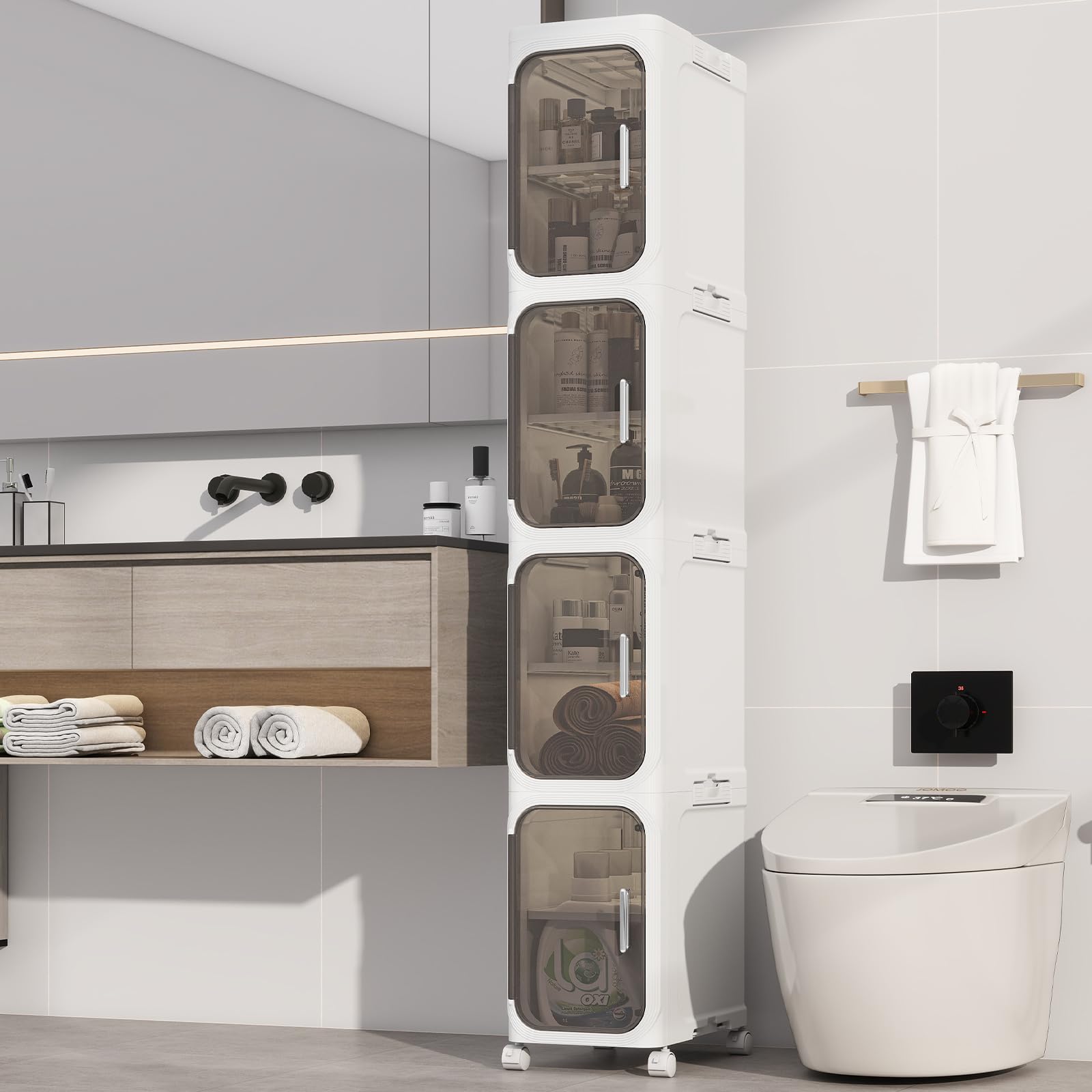 KHNR 4-Tiers Slim Cabinet folded design saves space in tight bathrooms.
