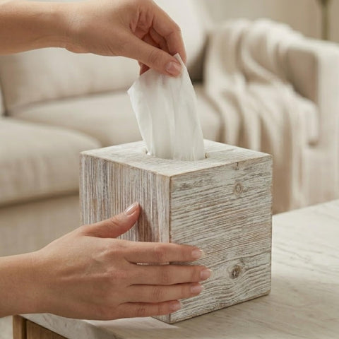 Khnum barnwood tissue box cover suits kitchen, bath, and office spaces.