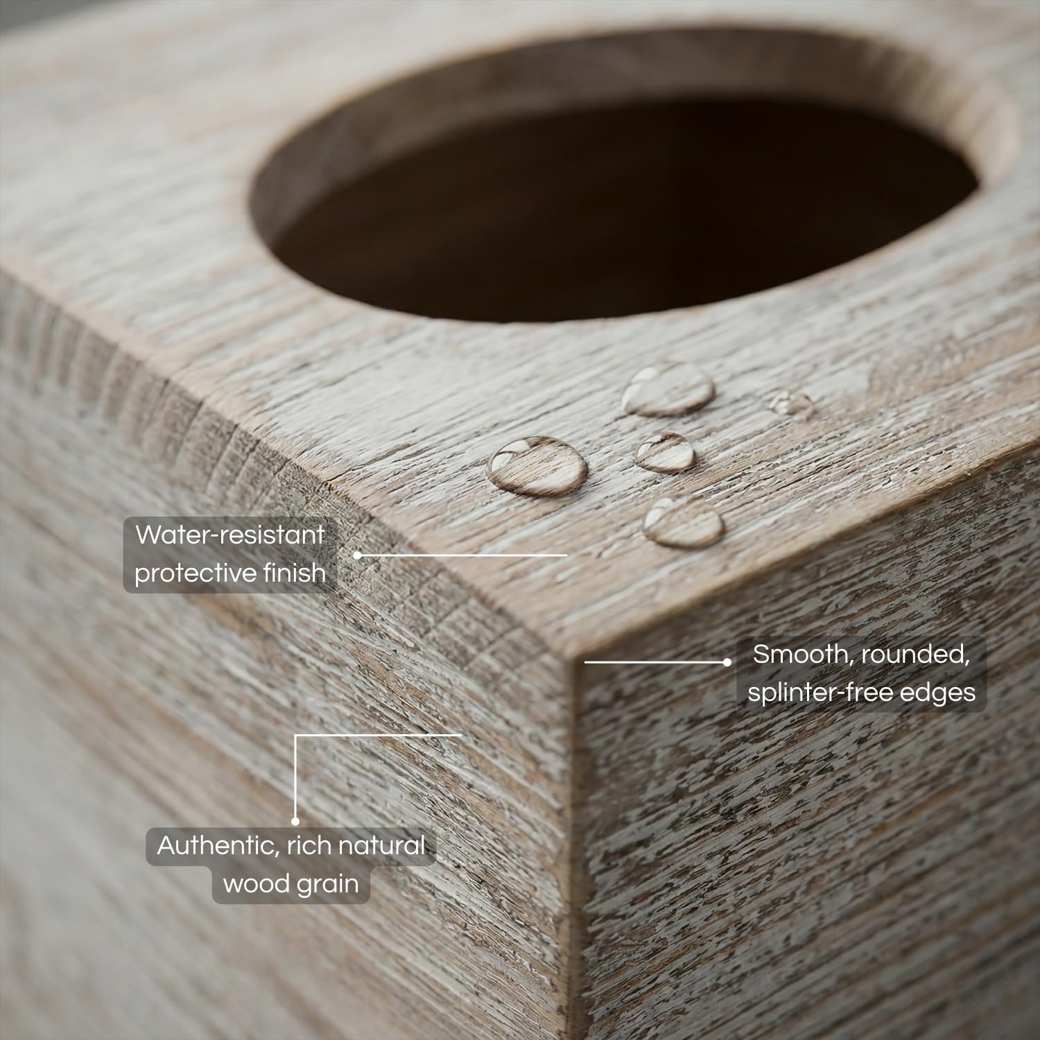 Khnum tissue box cover designed for quick tissue replacement and tidy surfaces.