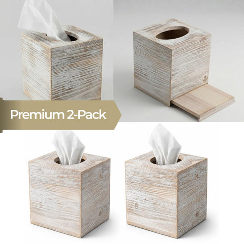 Khnum tissue box cover with slide-out bottom panel for easy tissue replacement.